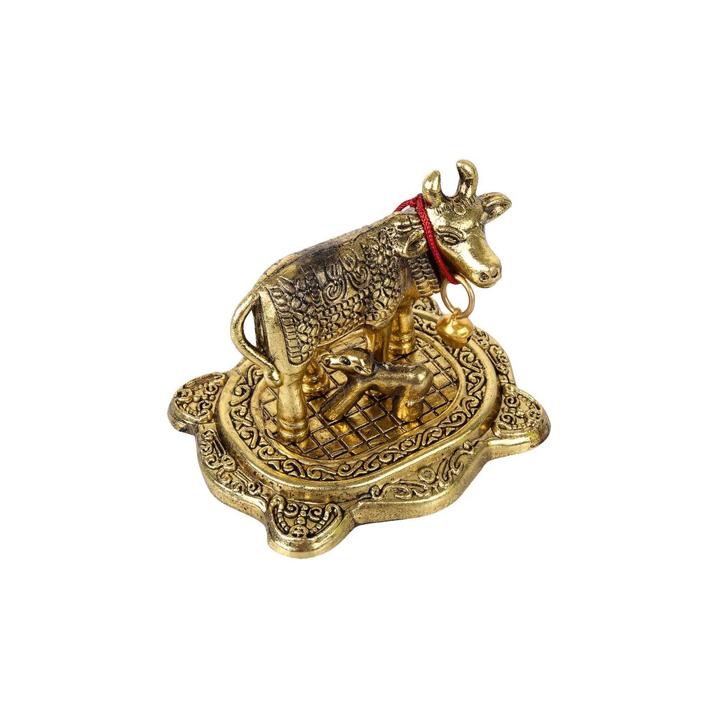 Hariaura Golden Kamdhenu Cow with Calf Idol for Home Temple | Sacred Vastu Cow Statue | Prosperity, Wealth & Positive Energy | Spiritual Pooja Decor & Auspicious Gift