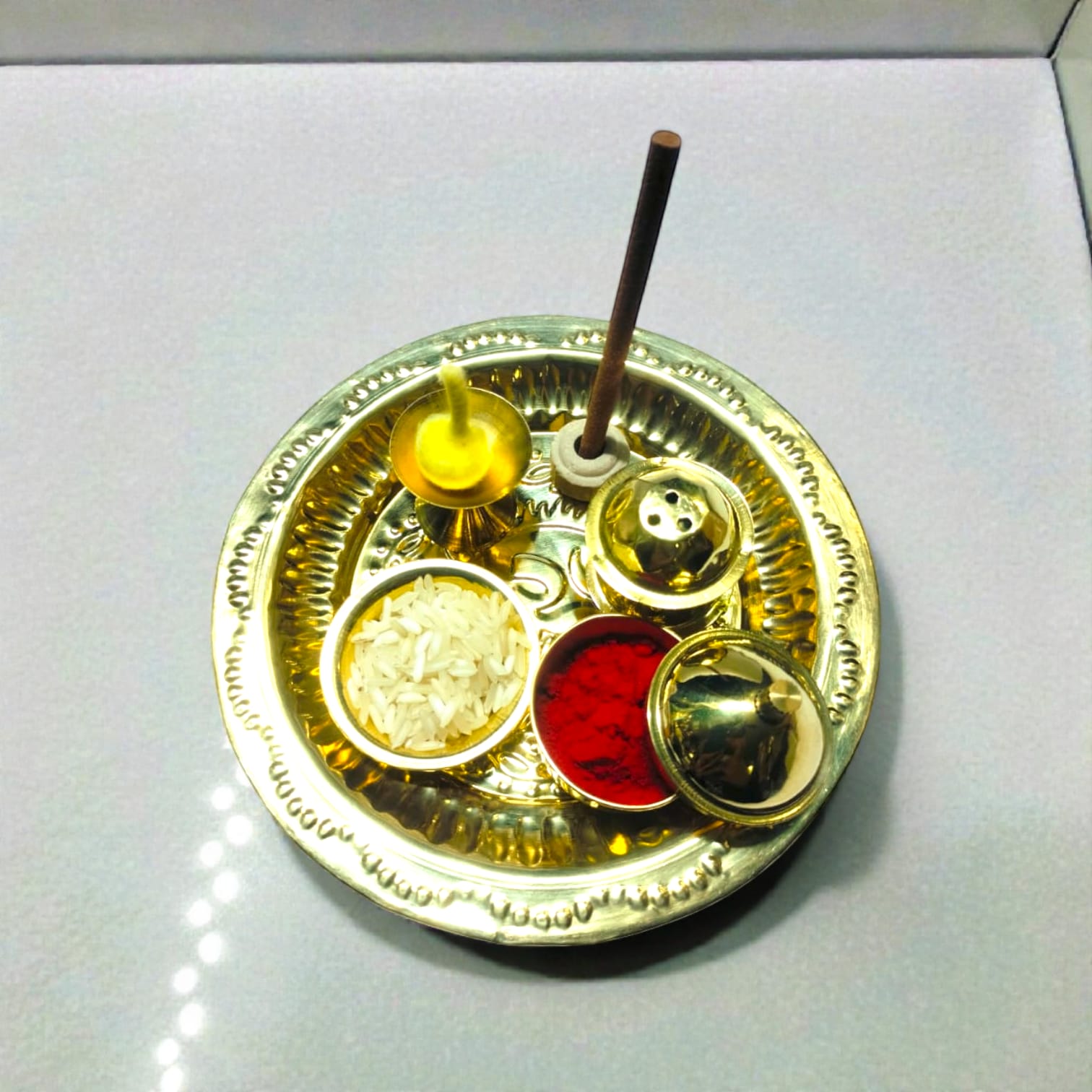 Hariaura Small Pooja Plate 6" Set for Home Temple – Mini Puja Thali Set with Diya, Kumkum Holder & Agarbatti Stand | Brass/Steel Aarti Thali for Daily Worship & Festivals