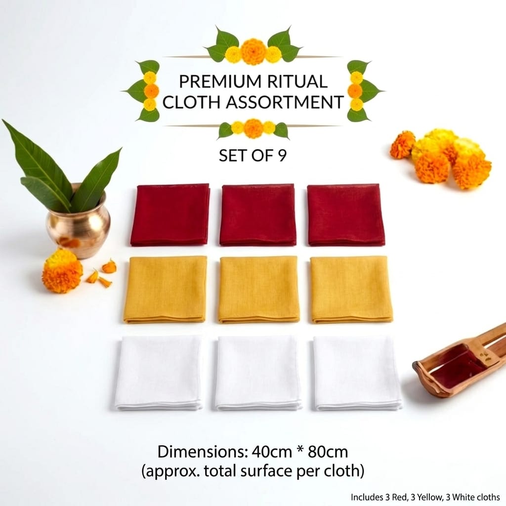 Hariaura Plain Vastra for Pooja Set of 9 (3 Red, 3 White, 3 Yellow) | Cotton Vastra for God Idols, Mandir & Rituals | Devotional Cloth for Pooja, Murti Decoration & Temple Use