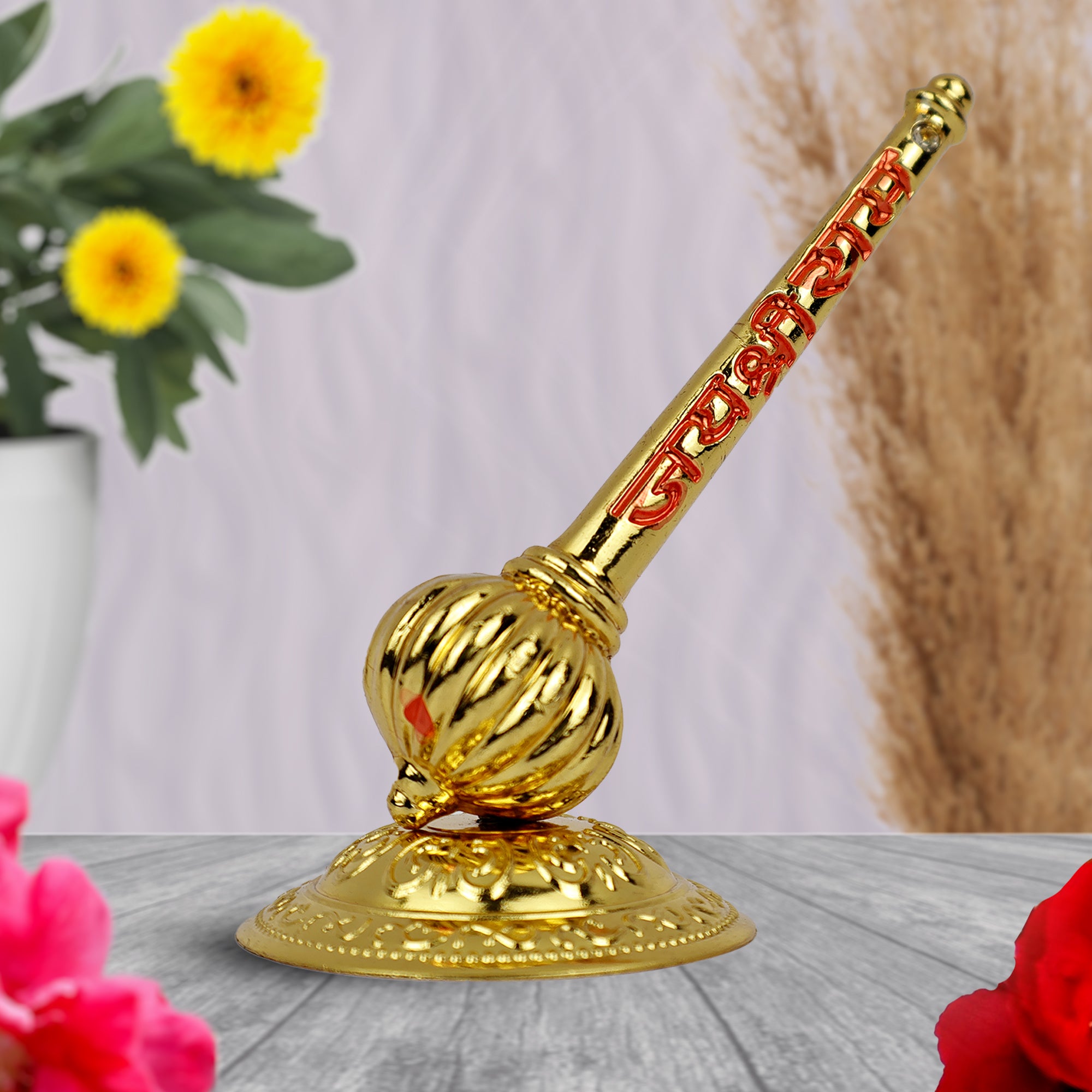 Hariaura Metal Hanuman Gada Standing Idol | Bajrang Bali Gada Symbol for Home Temple, Office Desk & Car Dashboard | Spiritual Decor for Strength, Protection & Positive Energy