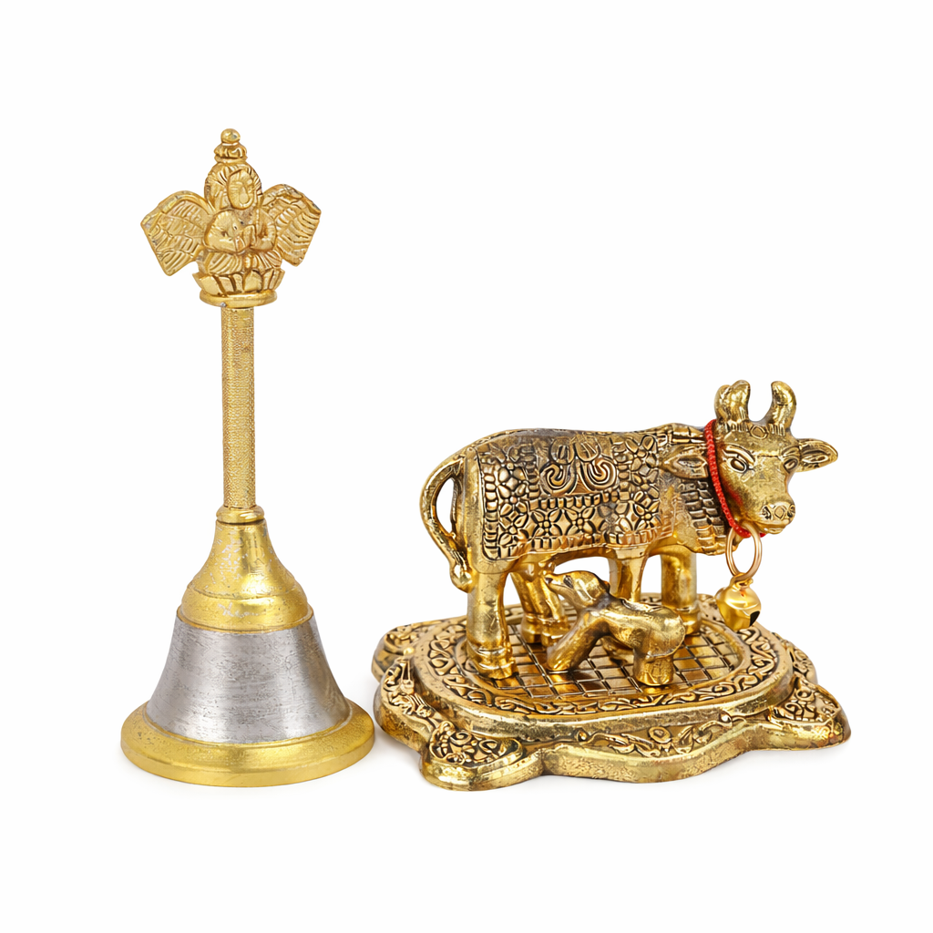 Garud Ghanti with Kamdhenu Cow Idol Combo | Pooja Bell & Divine Cow Murti Set | Spiritual Home Temple Decor | Auspicious Gift Item