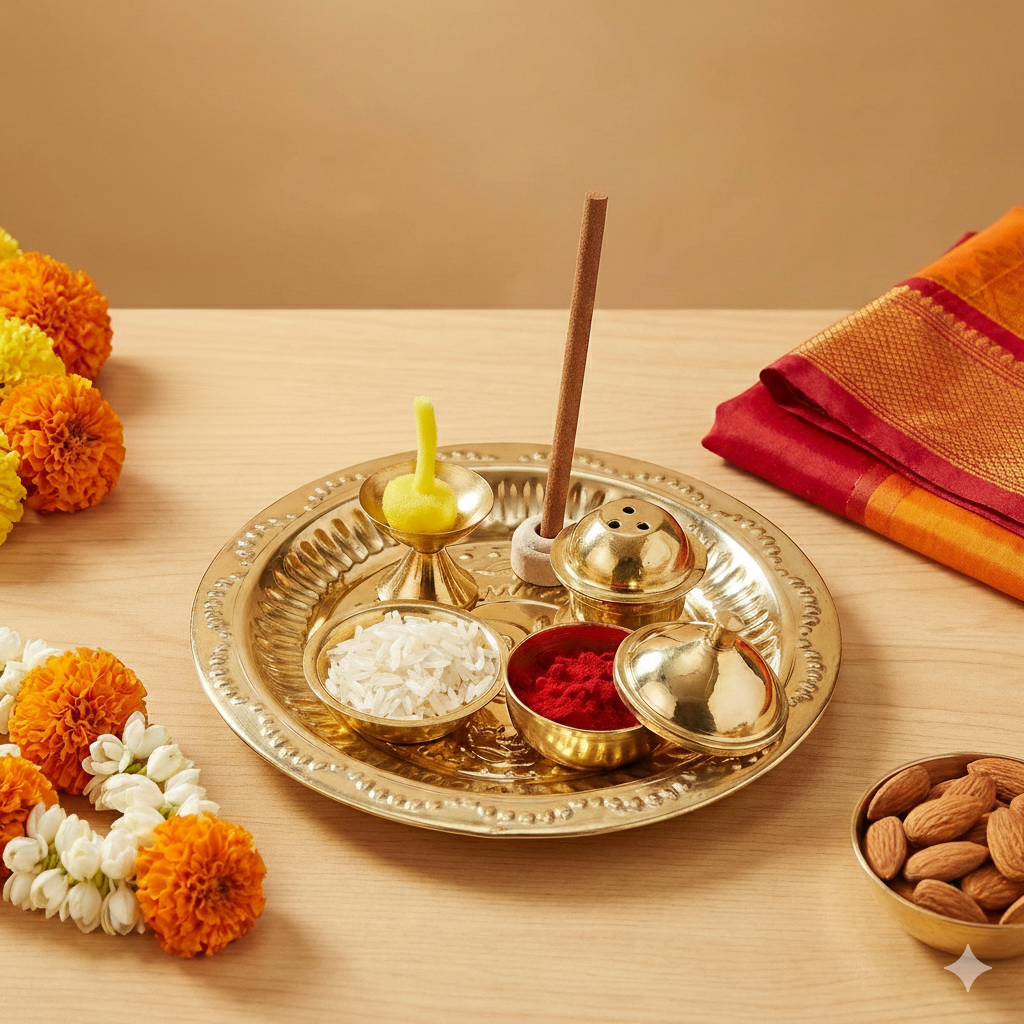 Hariaura Small Pooja Plate 6" Set for Home Temple – Mini Puja Thali Set with Diya, Kumkum Holder & Agarbatti Stand | Brass/Steel Aarti Thali for Daily Worship & Festivals