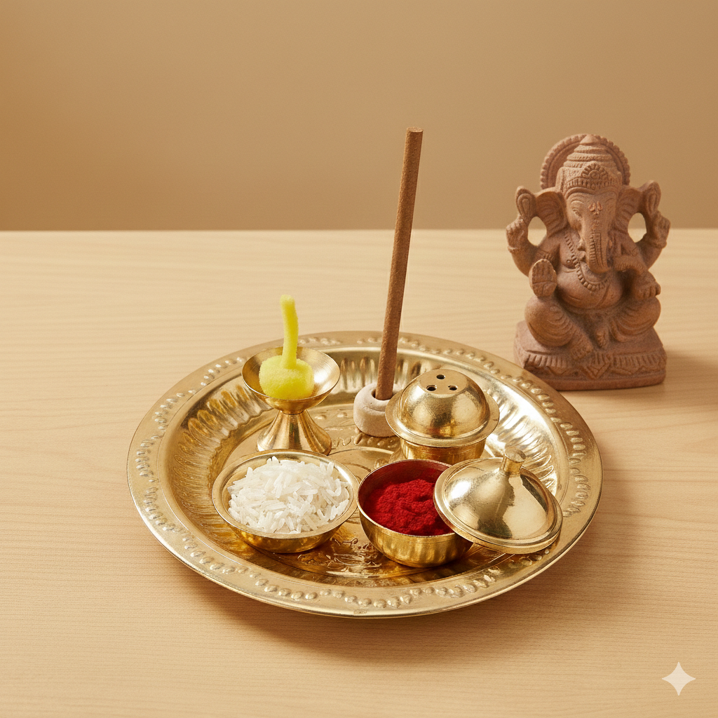 Hariaura Small Pooja Plate 6" Set for Home Temple – Mini Puja Thali Set with Diya, Kumkum Holder & Agarbatti Stand | Brass/Steel Aarti Thali for Daily Worship & Festivals