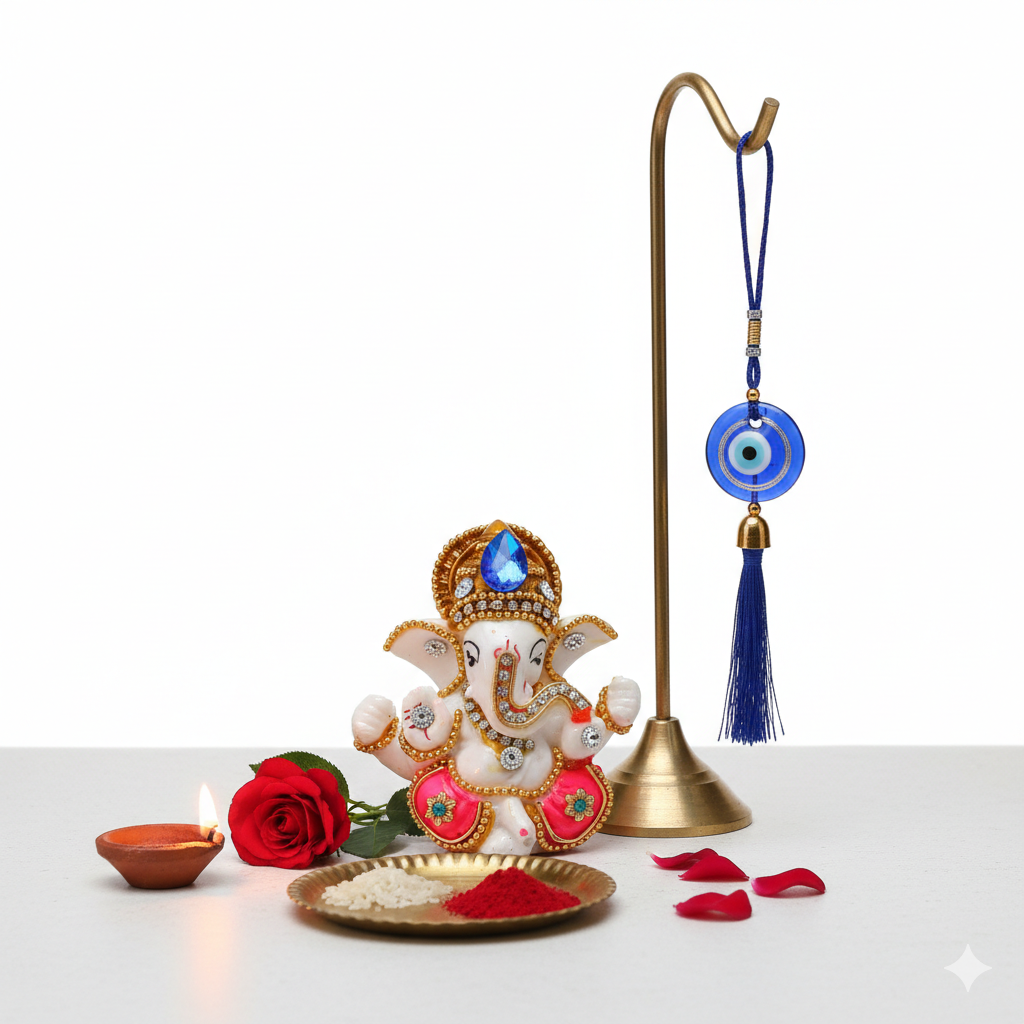 Decorative Car Dashboard Ganesh Ji Idol with Evil Eye Hanging Combo | Small Ganpati Murti for Car & Home | Positive Energy & Protection | Gift Item