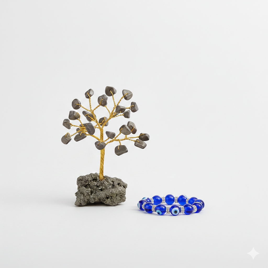 Small Pyrite Crystal Money Tree with Evil Eye Bracelet Combo | Wealth & Protection Healing Set | Positive Energy Home Decor & Nazar Protection Gift