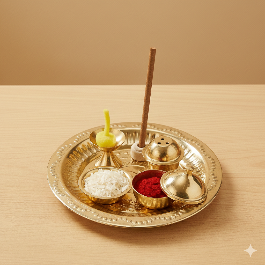 Hariaura Small Pooja Plate 6" Set for Home Temple – Mini Puja Thali Set with Diya, Kumkum Holder & Agarbatti Stand | Brass/Steel Aarti Thali for Daily Worship & Festivals