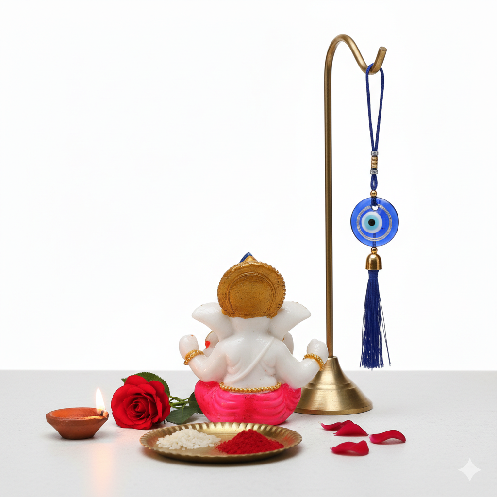 Decorative Car Dashboard Ganesh Ji Idol with Evil Eye Hanging Combo | Small Ganpati Murti for Car & Home | Positive Energy & Protection | Gift Item