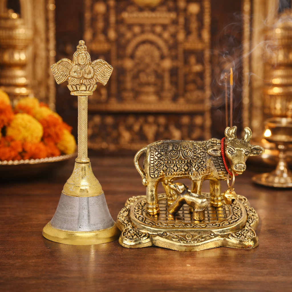 Garud Ghanti with Kamdhenu Cow Idol Combo | Pooja Bell & Divine Cow Murti Set | Spiritual Home Temple Decor | Auspicious Gift Item