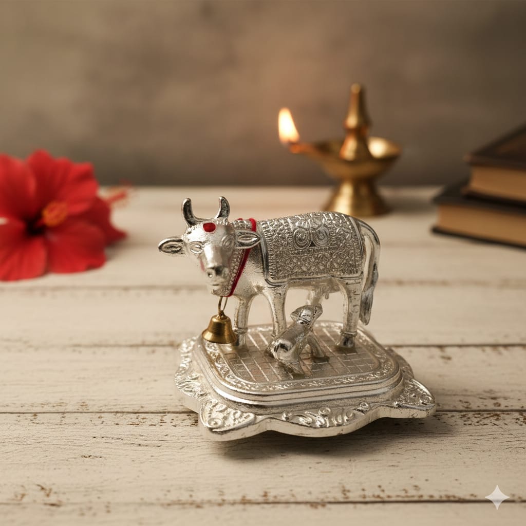 Shining Kamdhenu Cow with Calf Idol (7 cm) | Vastu & Prosperity Murti for Home Temple, Office & Shop | Divine Cow Statue for Pooja, Diwali & Griha Pravesh Gift