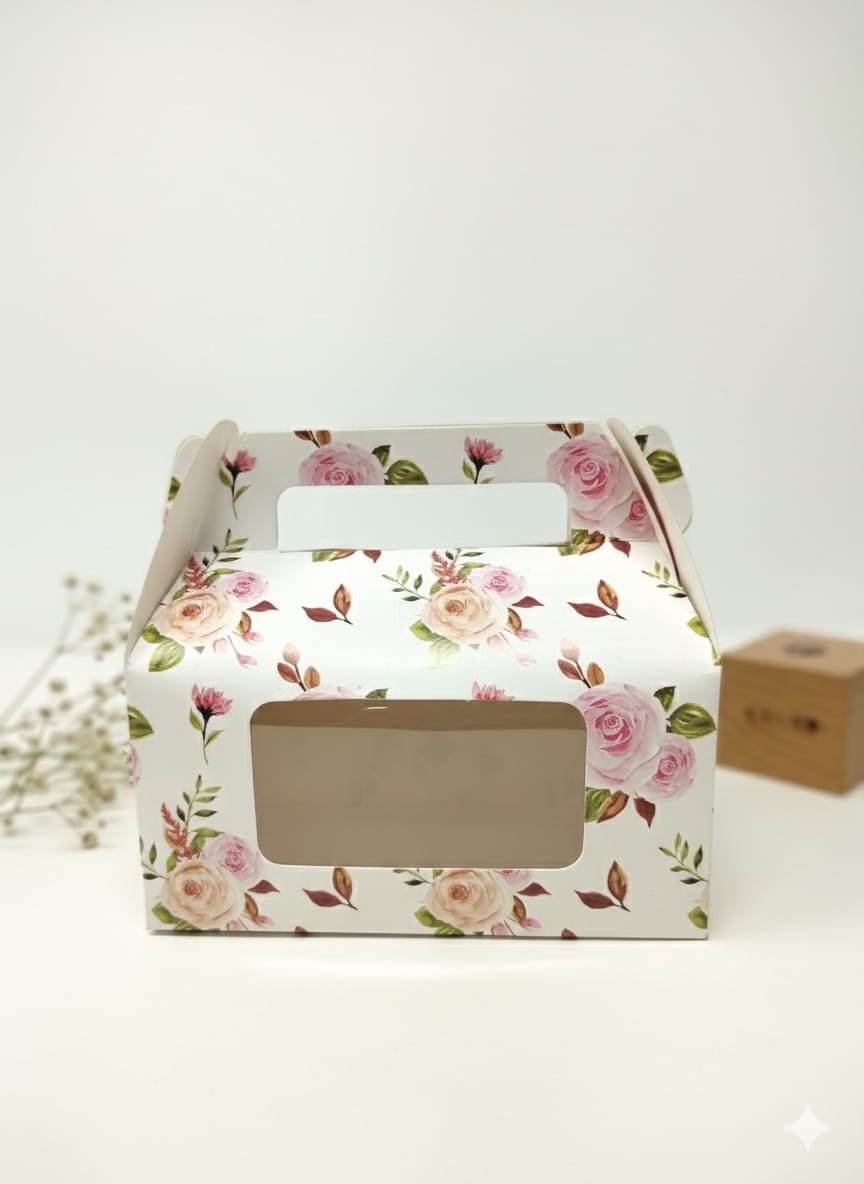 Floral Paper Box with Transparent Window | Premium Cake & Gift Packaging Box (Pack of 5) | Decorative Bakery Box for Sweets, Chocolates & Hampers | 7*3.5*5.5 Inches