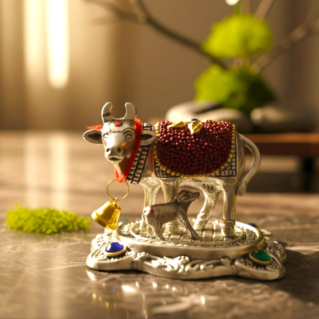 Decorative Kamdhenu Cow with Calf Idol (6 cm) | Vastu & Prosperity Murti for Home Temple, Office & Shop | Divine Cow Statue for Pooja, Diwali & Griha Pravesh Gift