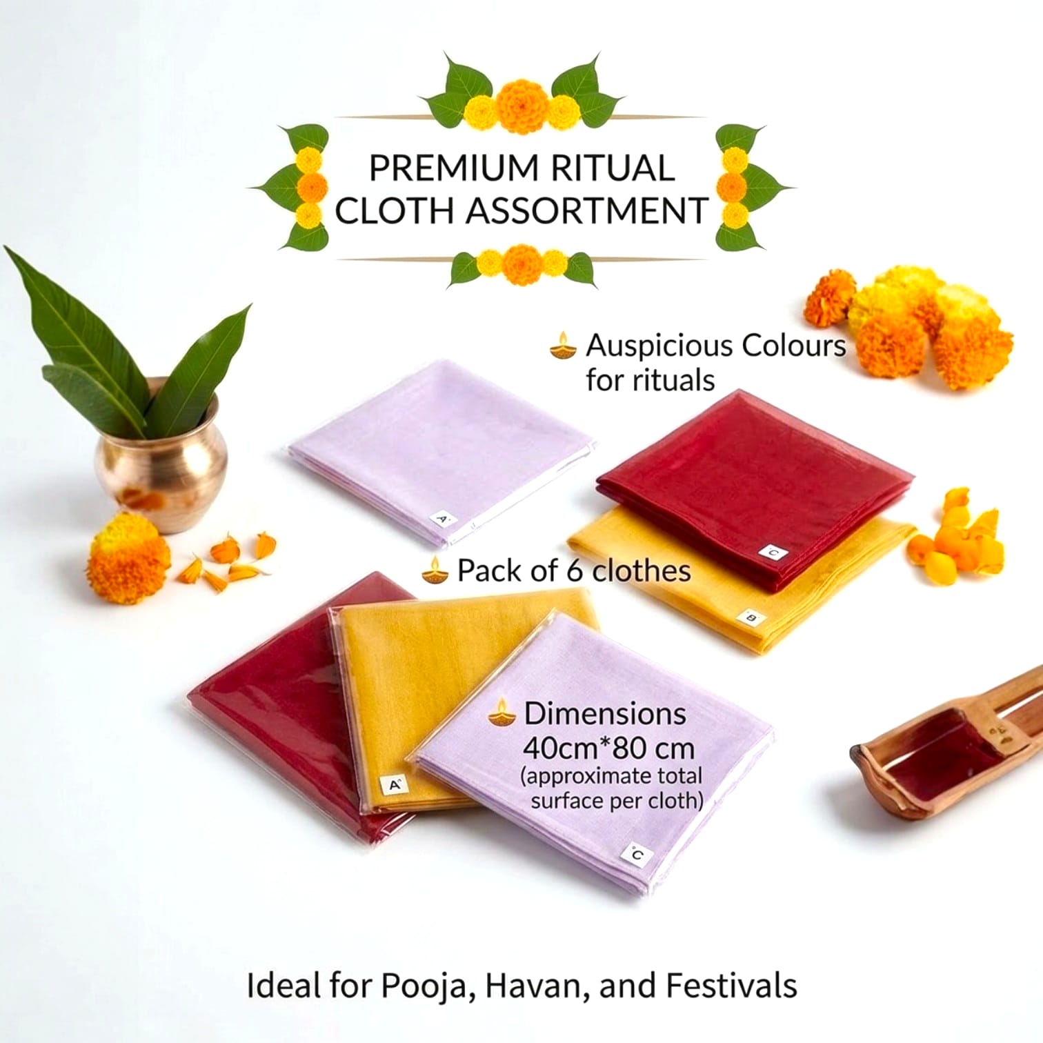 Hariaura Plain Vastra for Pooja Set of 6 (2 Red, 2 White, 2 Yellow) | Cotton Vastra for God Idols, Mandir & Rituals | Devotional Cloth for Pooja, Murti Decoration & Temple Use