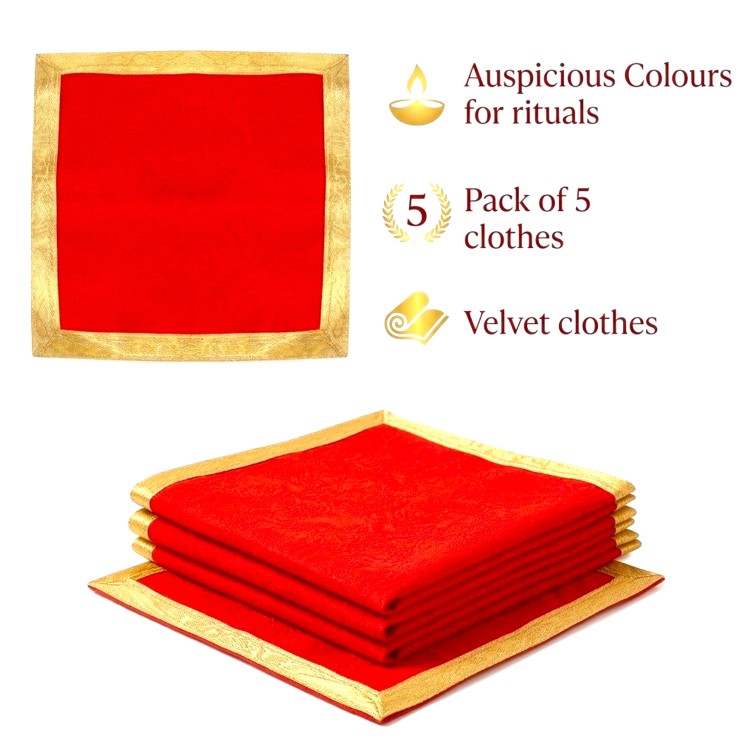 Hariaura Red Velvet Pooja Aasan with Golden Border (9x9) – Set of 5 | Decorative Velvet Cloth for Mandir, Idol Placement & Kalash | Premium Pooja Base Cloth for Temple & Rituals
