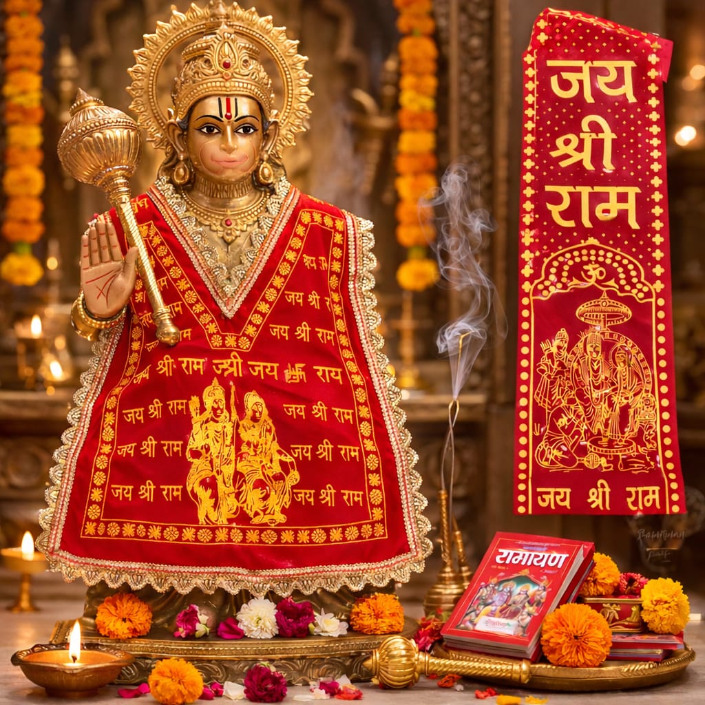 Hariaura Hanuman Velvet Chola Set of 3 (18 Inch) with 3 Hanuman Patka | Bajrang Bali Murti Dress / Poshak for Temple & Pooja | Red Velvet Hanuman Ji Idol Decoration