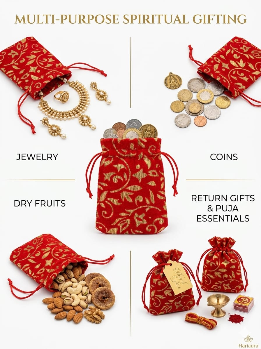 Hariaura Red Designer Velvet Potli Bags Set of 10 (5x4 Inch) | Embroidered Drawstring Gift Pouches for Dry Fruits, Jewelry & Return Gifts | Premium Wedding & Festive Potli Bags