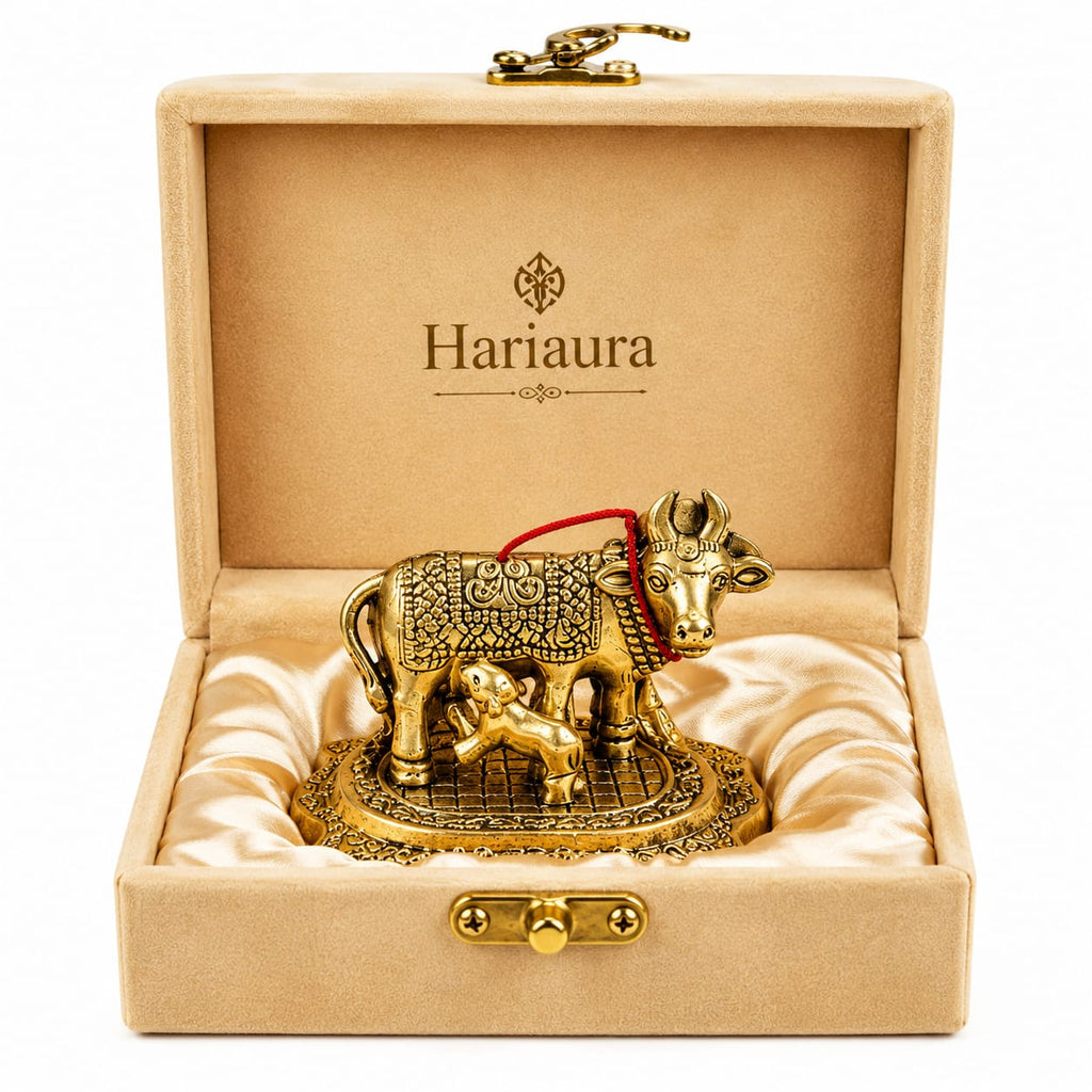 Hariaura Metal Kamdhenu Cow with Calf Idol in Antique Golden Finish with Premium Velvet Gift Box | Sacred Kamdhenu Murti for Home Mandir, Vastu, Pooja, Diwali, Housewarming & Spiritual Gifting