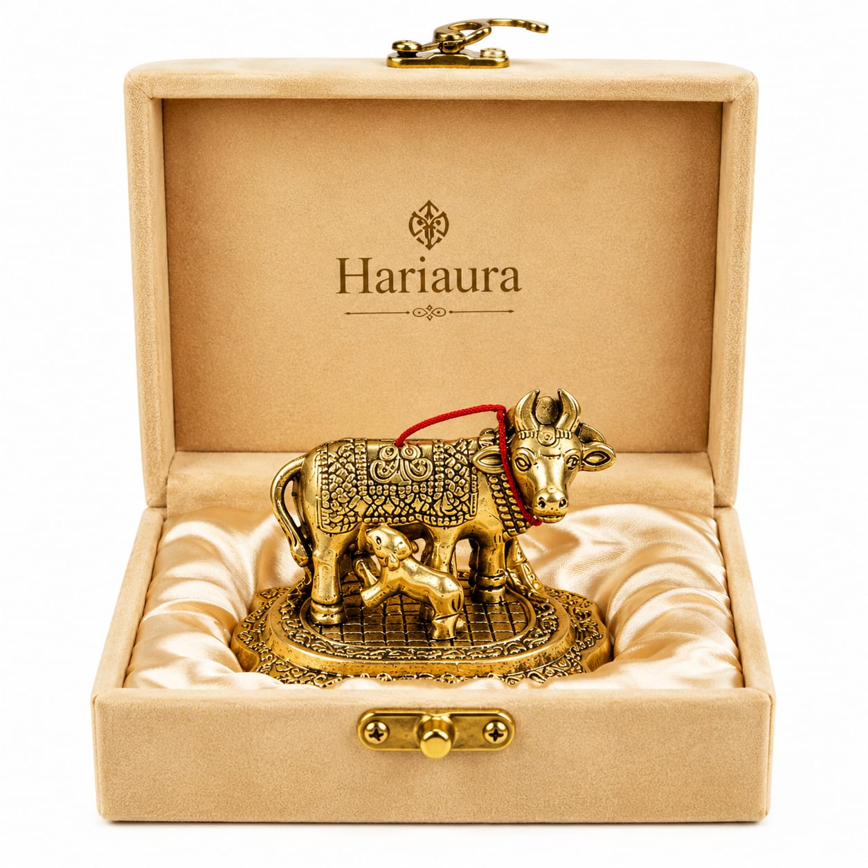 Hariaura Metal Kamdhenu Cow with Calf Idol in Antique Golden Finish with Premium Velvet Gift Box | Sacred Kamdhenu Murti for Home Mandir, Vastu, Pooja, Diwali, Housewarming & Spiritual Gifting