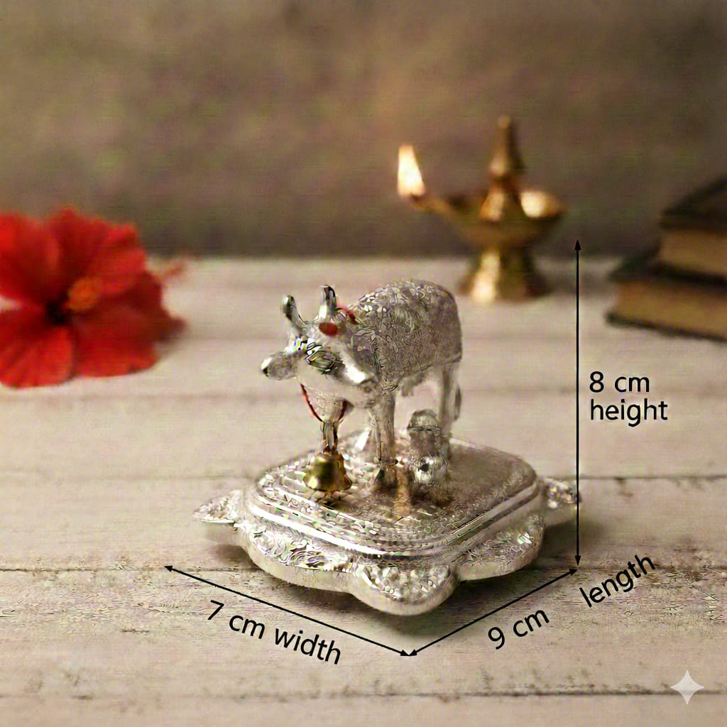 Shining Kamdhenu Cow with Calf Idol (7 cm) | Vastu & Prosperity Murti for Home Temple, Office & Shop | Divine Cow Statue for Pooja, Diwali & Griha Pravesh Gift
