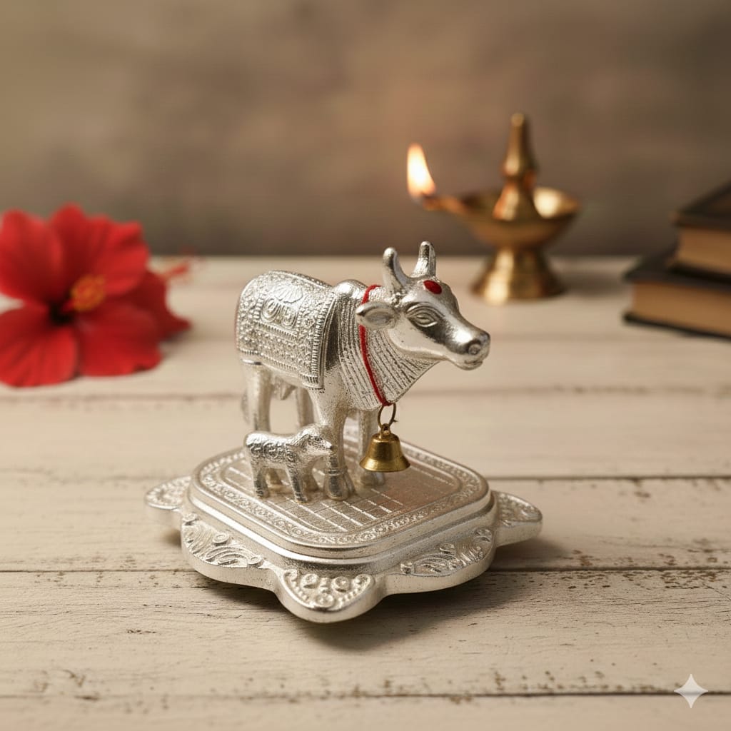 Shining Kamdhenu Cow with Calf Idol (7 cm) | Vastu & Prosperity Murti for Home Temple, Office & Shop | Divine Cow Statue for Pooja, Diwali & Griha Pravesh Gift