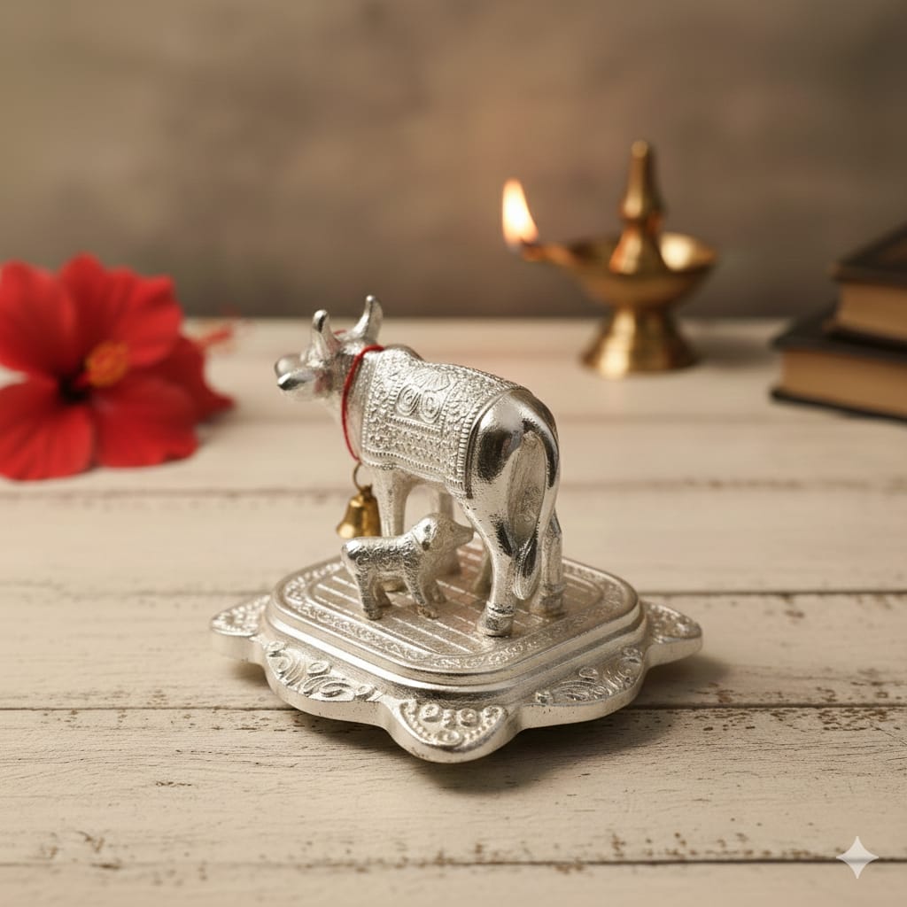 Shining Kamdhenu Cow with Calf Idol (7 cm) | Vastu & Prosperity Murti for Home Temple, Office & Shop | Divine Cow Statue for Pooja, Diwali & Griha Pravesh Gift