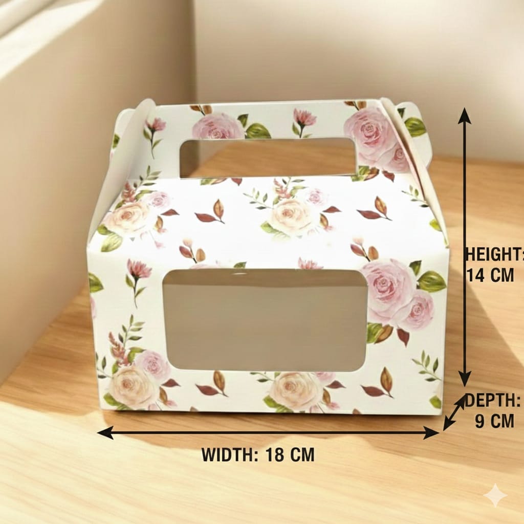 Floral Paper Box with Transparent Window | Premium Cake & Gift Packaging Box (Pack of 5) | Decorative Bakery Box for Sweets, Chocolates & Hampers | 7*3.5*5.5 Inches