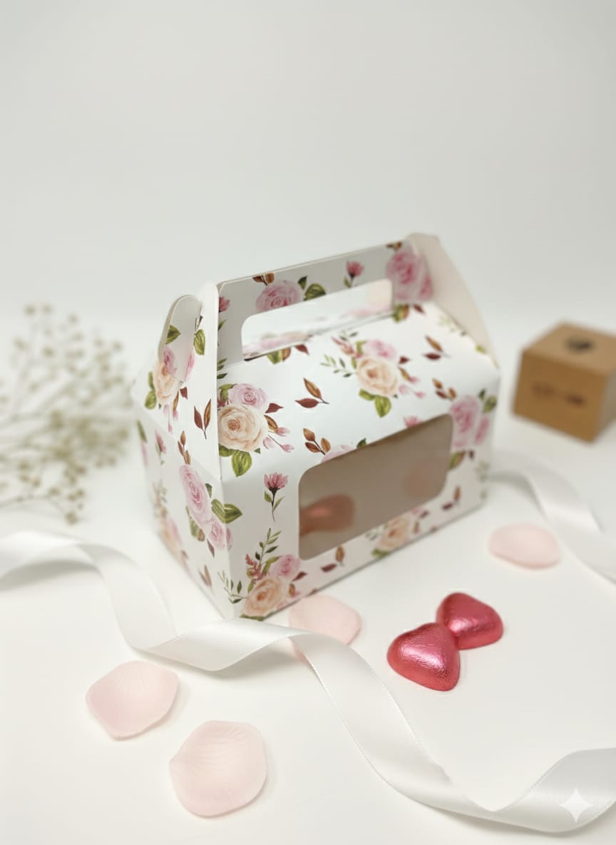 Floral Paper Box with Transparent Window | Premium Cake & Gift Packaging Box (Pack of 5) | Decorative Bakery Box for Sweets, Chocolates & Hampers | 7*3.5*5.5 Inches