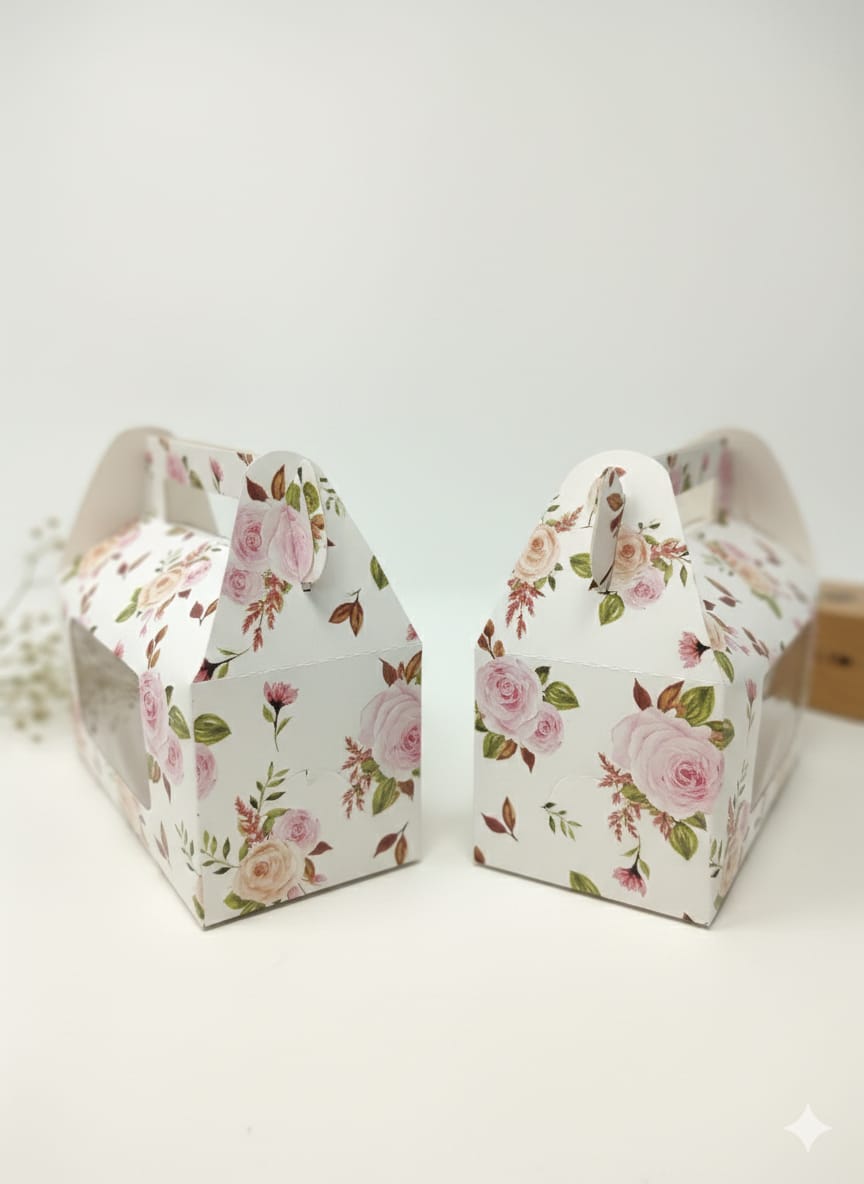 Floral Paper Box with Transparent Window | Premium Cake & Gift Packaging Box (Pack of 5) | Decorative Bakery Box for Sweets, Chocolates & Hampers | 7*3.5*5.5 Inches