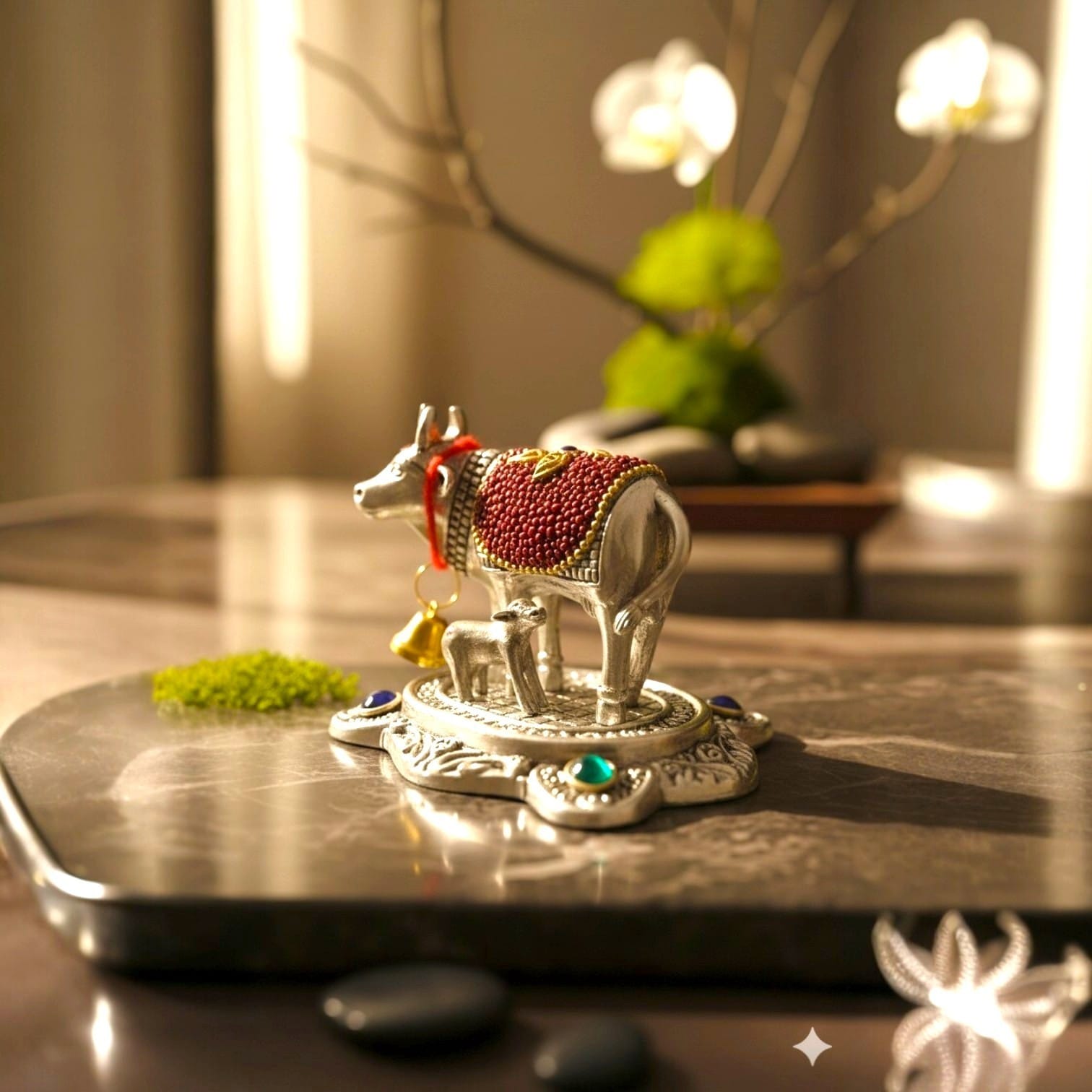 Decorative Kamdhenu Cow with Calf Idol (6 cm) | Vastu & Prosperity Murti for Home Temple, Office & Shop | Divine Cow Statue for Pooja, Diwali & Griha Pravesh Gift