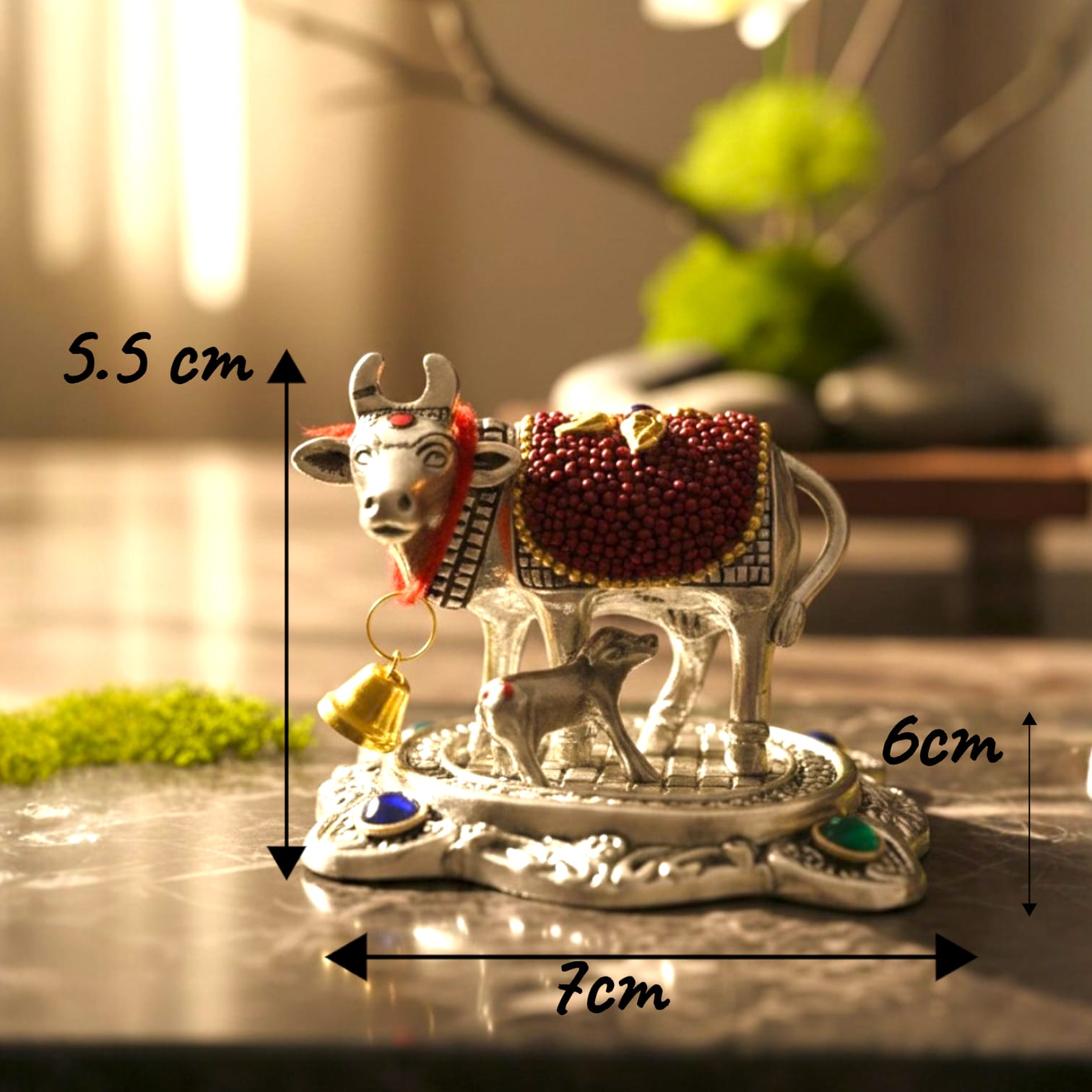 Decorative Kamdhenu Cow with Calf Idol (6 cm) | Vastu & Prosperity Murti for Home Temple, Office & Shop | Divine Cow Statue for Pooja, Diwali & Griha Pravesh Gift