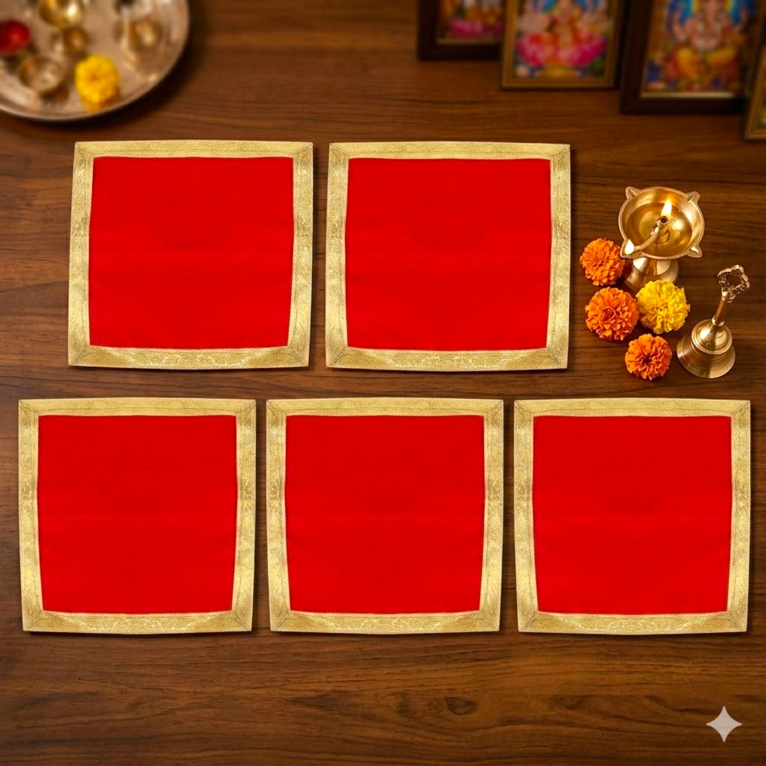 Hariaura Red Velvet Pooja Aasan with Golden Border (9x9) – Set of 5 | Decorative Velvet Cloth for Mandir, Idol Placement & Kalash | Premium Pooja Base Cloth for Temple & Rituals