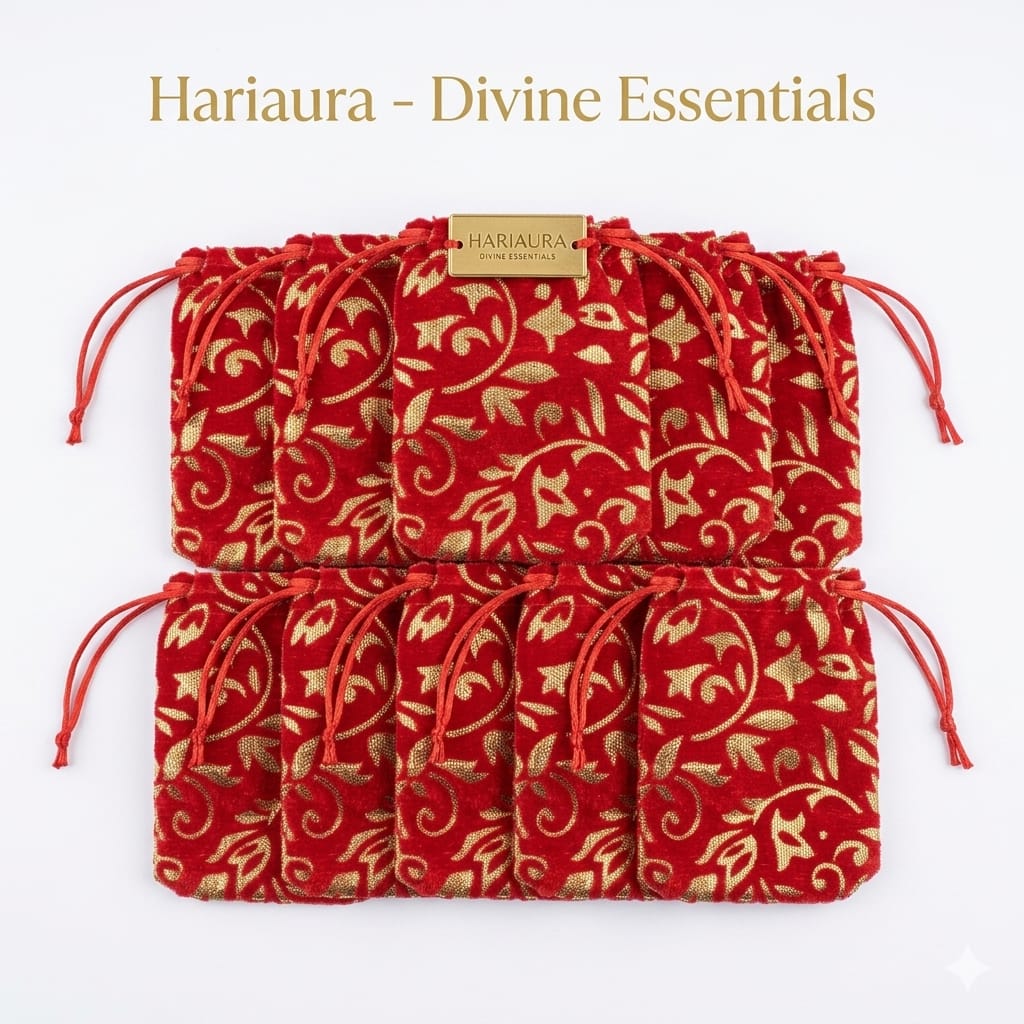 Hariaura Red Designer Velvet Potli Bags Set of 10 (5x4 Inch) | Embroidered Drawstring Gift Pouches for Dry Fruits, Jewelry & Return Gifts | Premium Wedding & Festive Potli Bags