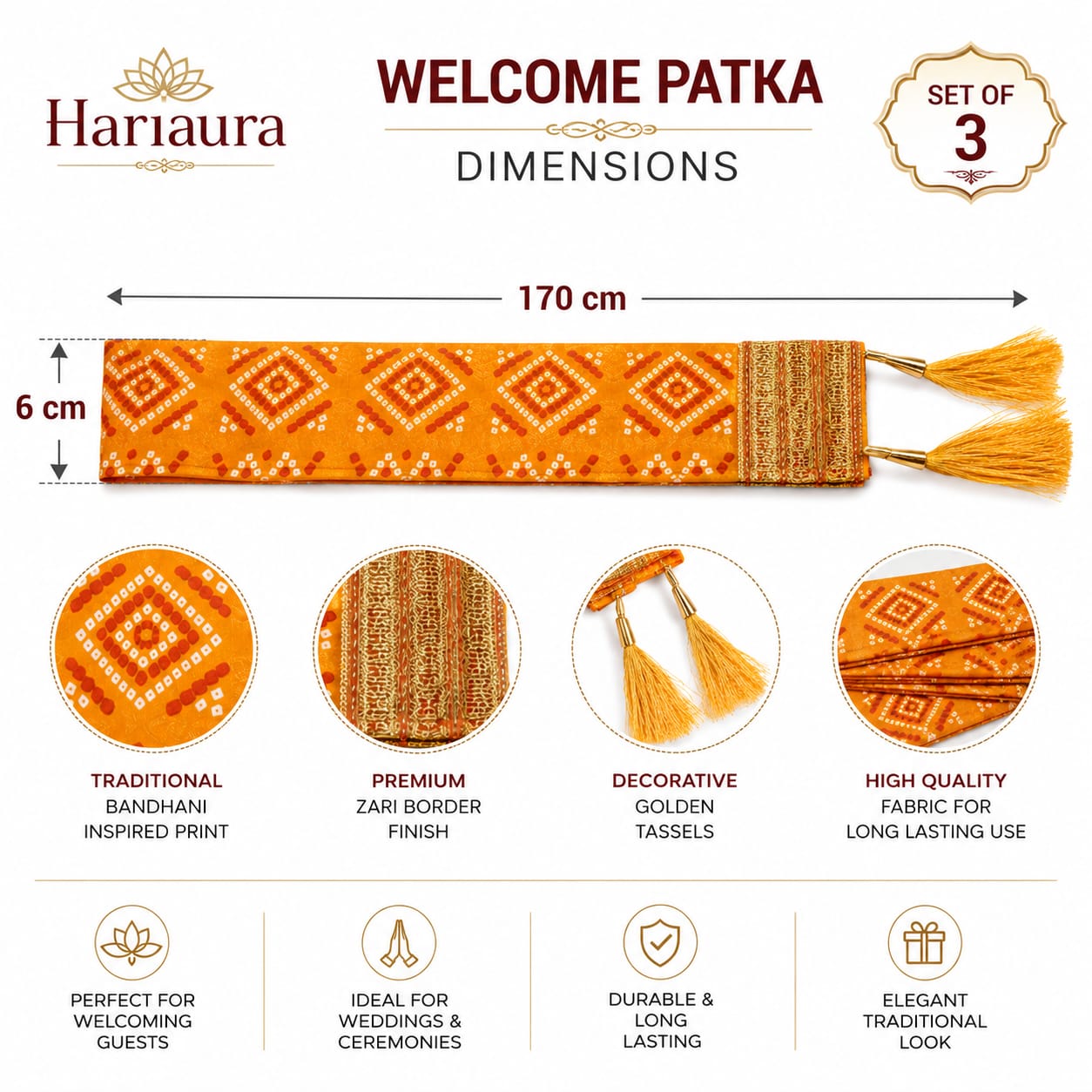 Hariaura Premium Honouring & Welcoming Scarf/Patka Set of 3 | Traditional Felicitation Stoles for Guest Welcome, VIP Honour, Bhakt Samman, Participant Recognition & Religious Ceremonies