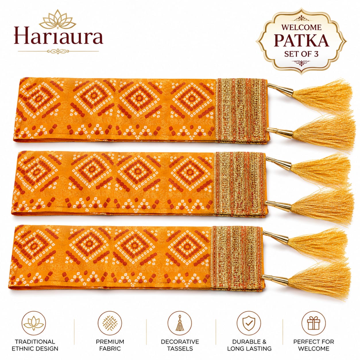 Hariaura Premium Honouring & Welcoming Scarf/Patka Set of 3 | Traditional Felicitation Stoles for Guest Welcome, VIP Honour, Bhakt Samman, Participant Recognition & Religious Ceremonies
