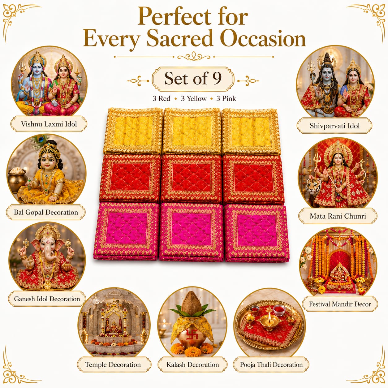 Hariaura Chunni Set for Pooja – Set of 9 Small Chunni | Mini Dupatta for Mandir, Navratri, Mata Rani, Return Gifts & Religious Functions.
