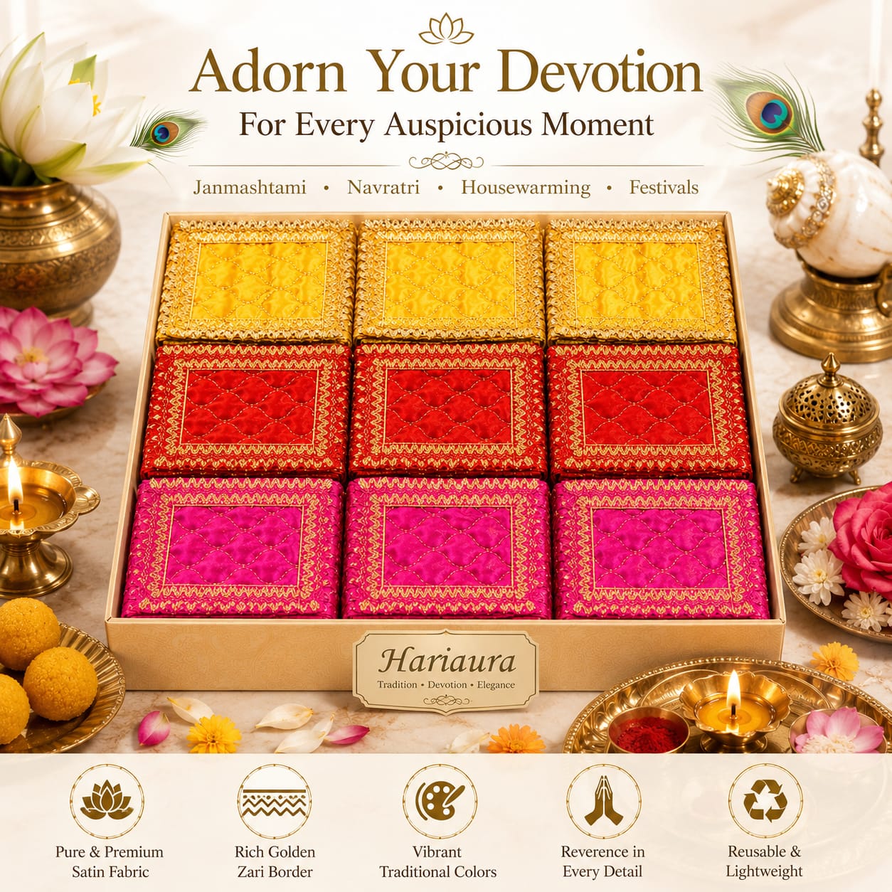 Hariaura Chunni Set for Pooja – Set of 9 Small Chunni | Mini Dupatta for Mandir, Navratri, Mata Rani, Return Gifts & Religious Functions.