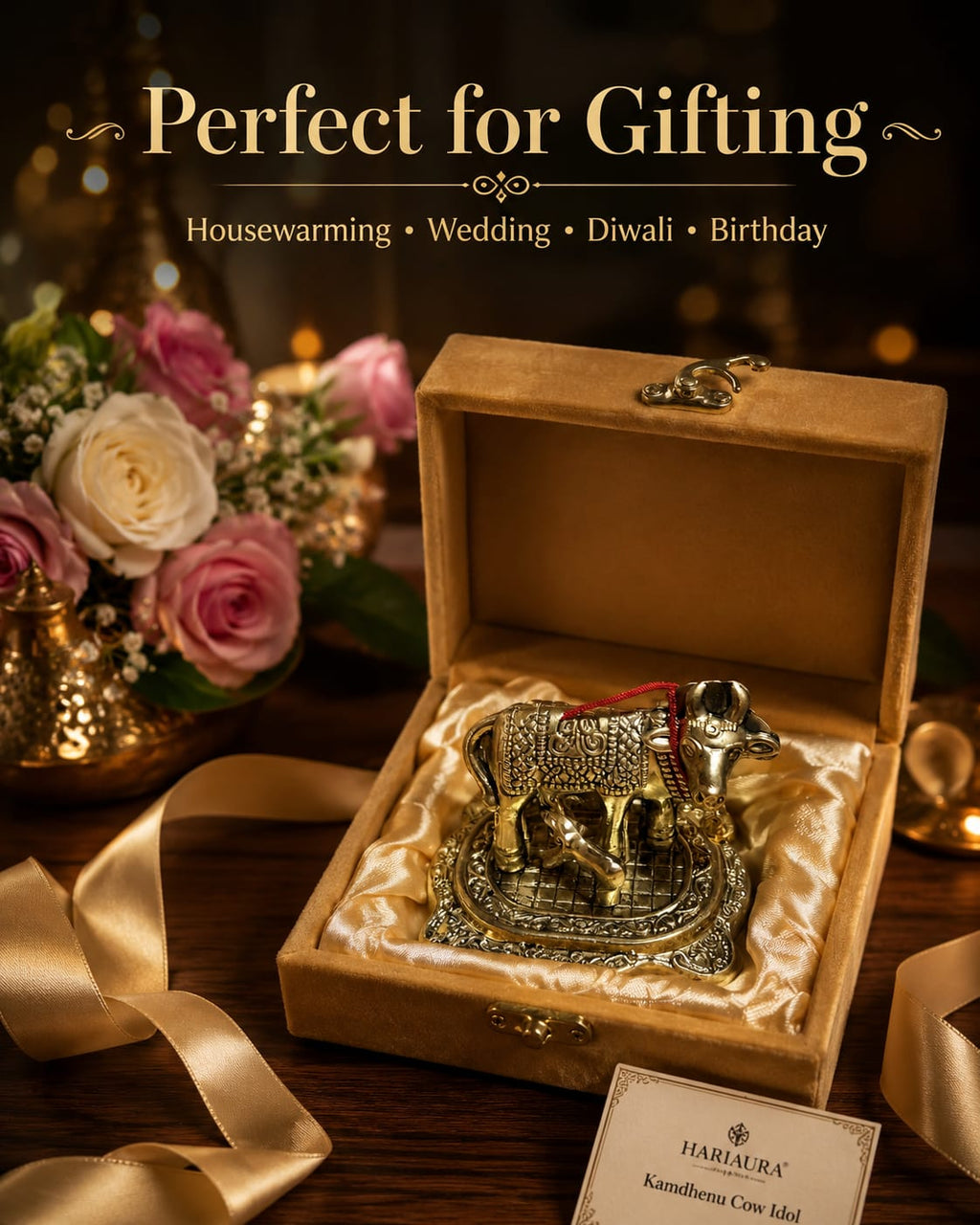 Hariaura Metal Kamdhenu Cow with Calf Idol in Antique Golden Finish with Premium Velvet Gift Box | Sacred Kamdhenu Murti for Home Mandir, Vastu, Pooja, Diwali, Housewarming & Spiritual Gifting