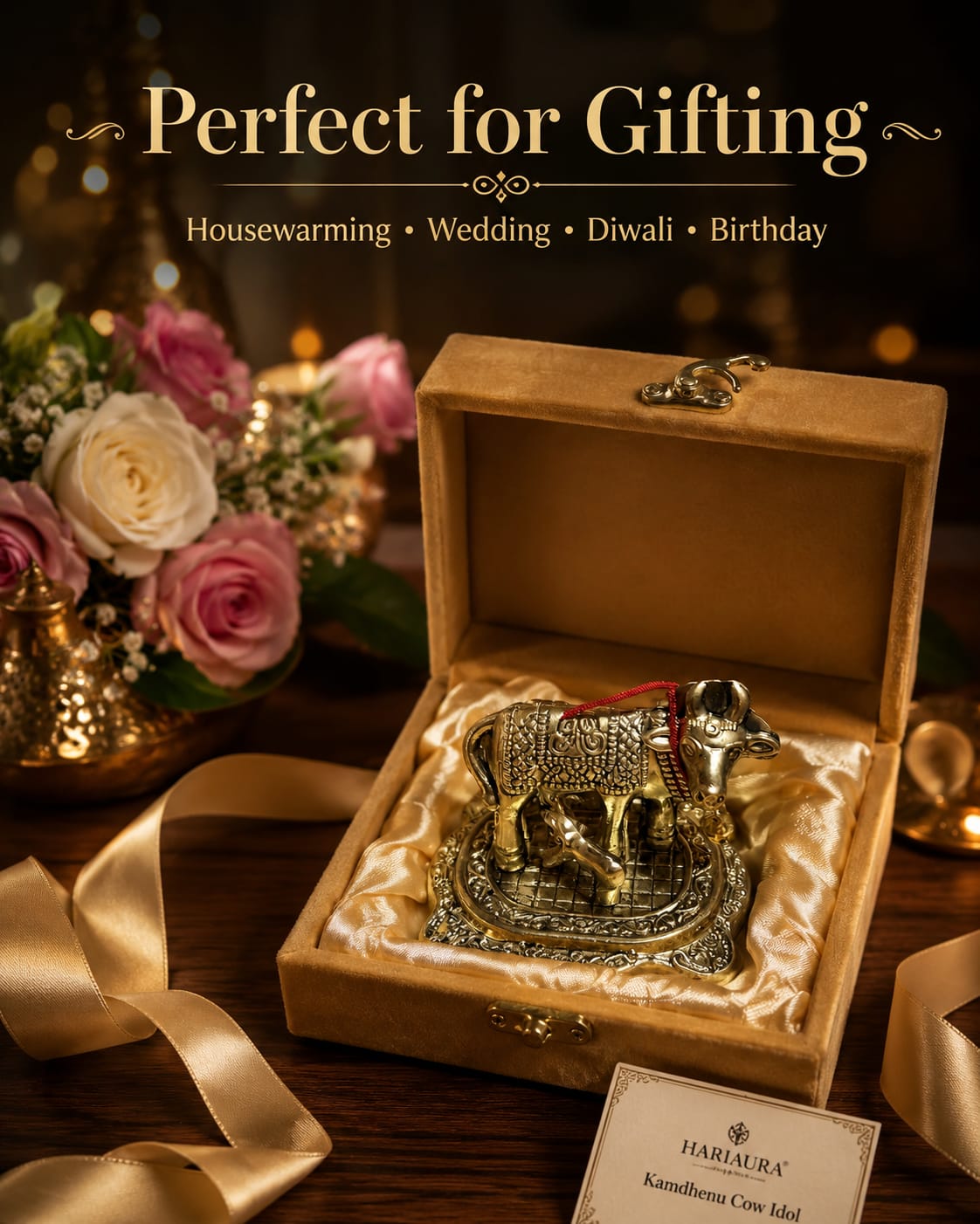 Hariaura Metal Kamdhenu Cow with Calf Idol in Antique Golden Finish with Premium Velvet Gift Box | Sacred Kamdhenu Murti for Home Mandir, Vastu, Pooja, Diwali, Housewarming & Spiritual Gifting