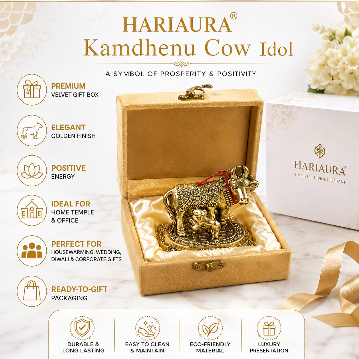 Hariaura Metal Kamdhenu Cow with Calf Idol in Antique Golden Finish with Premium Velvet Gift Box | Sacred Kamdhenu Murti for Home Mandir, Vastu, Pooja, Diwali, Housewarming & Spiritual Gifting